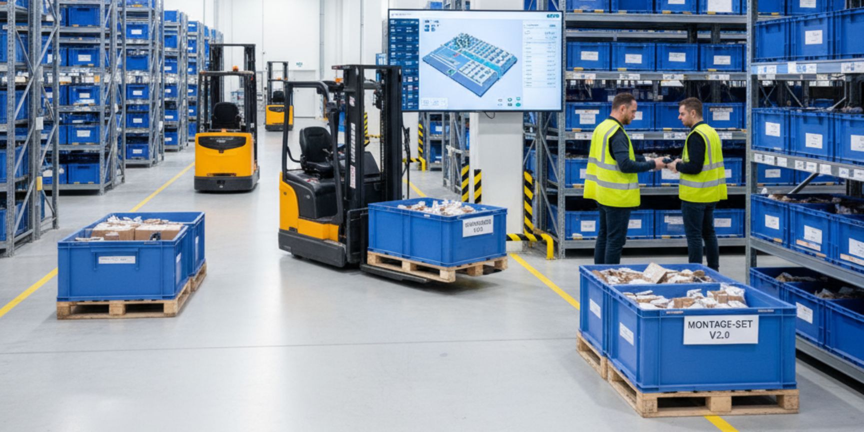 Two logistics workers in safety vests discuss details in front of a digital screen showing a technical drawing of an assembly kit, in a tidy logistics warehouse with high racks full of blue KLT containers and forklifts in the background. One container is labeled 